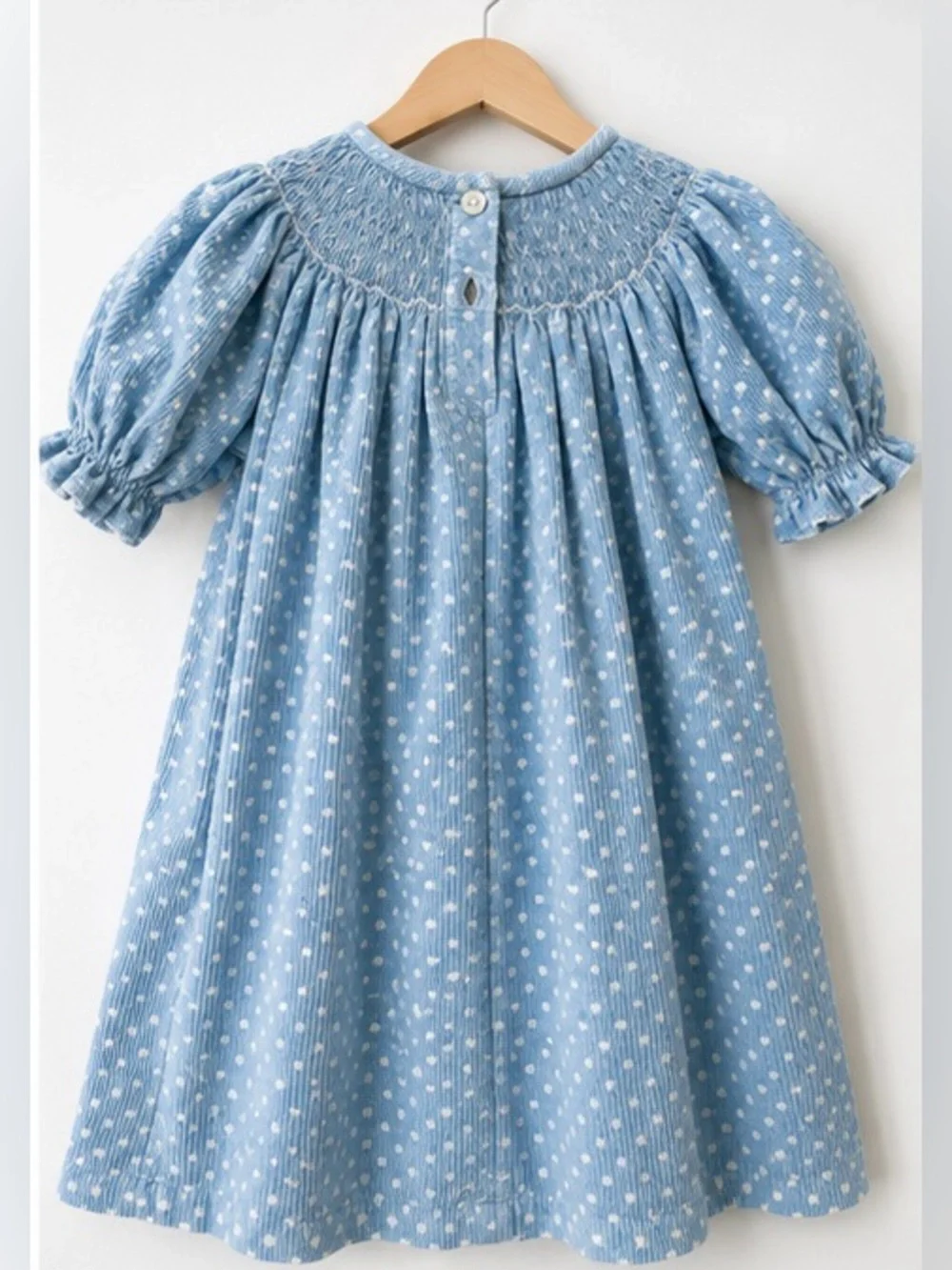 Amanda Remembered 18M Hand Smocked Cinderella Corduroy Dress Blue Polka Dot